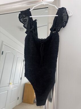 Nightcap Black Crochet Tie-Front Bodysuit